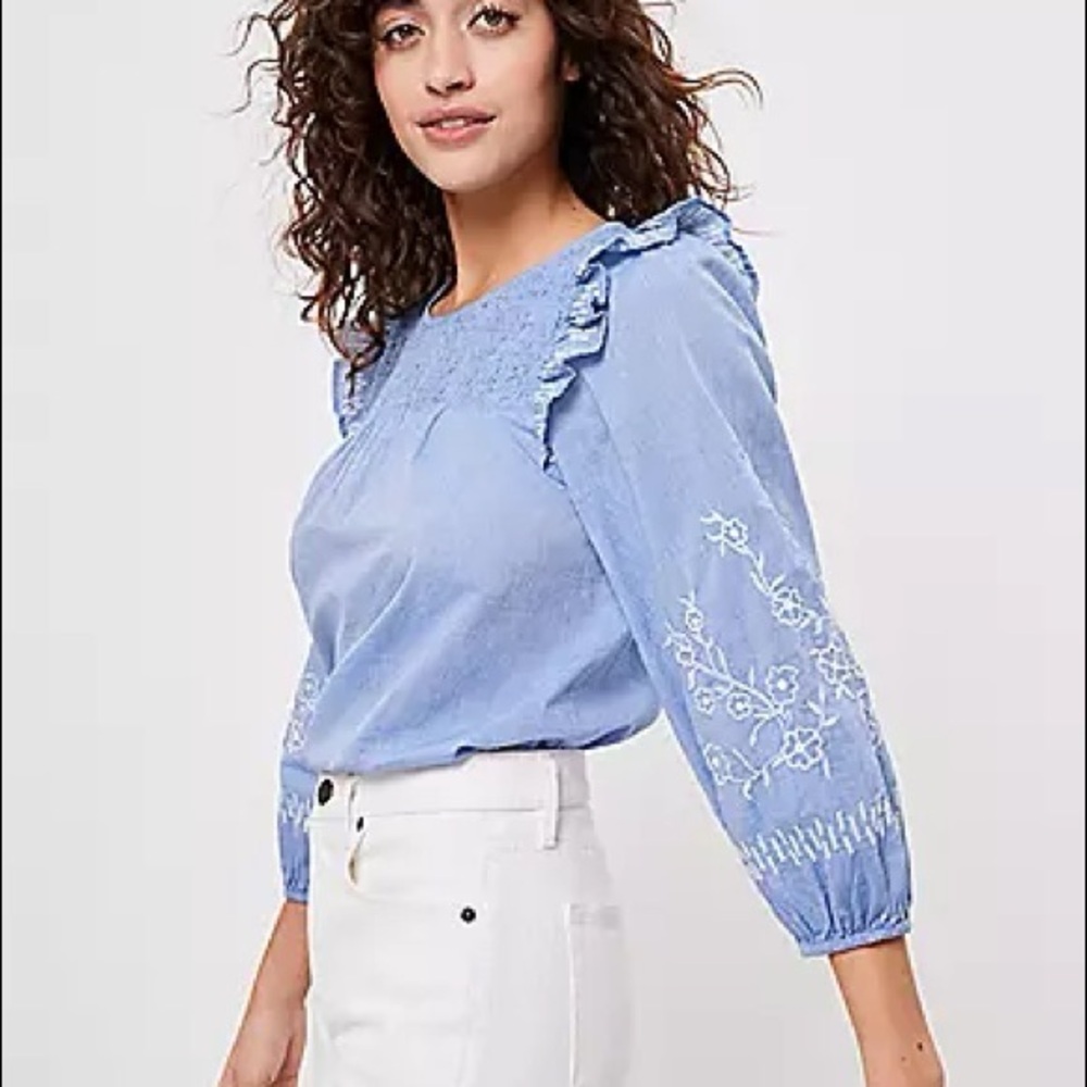 LOFT Light Blue Embroidered Ruffle Shoulder Blouse women’s XL